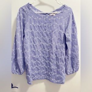 LOFT blue and white striped top. Buttons up back. Embroidered.